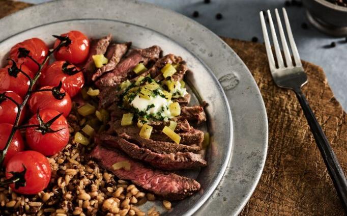 Pepper Beef Steaks with Chile-Cilantro Butter